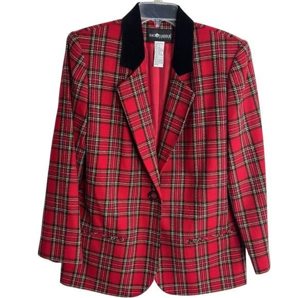 Sag Harbor Wool Blend Tartan Plaid Blazer Jacket Black Velvet Collar 10P Holiday - Picture 2 of 16